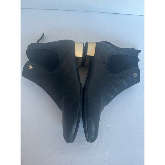 Tory Burch Black Pebbled Leather Back Zip Low Gold Heel Chelsea Ankle Boots 7.5 - Picture 6 of 10